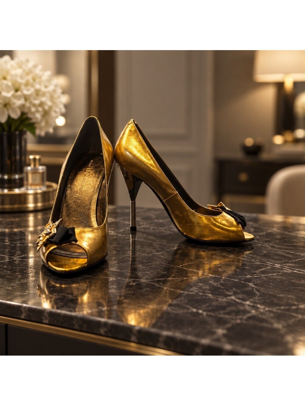 Marc by Marc Jacobs Gold Metallic Peep Toe Pumps Crystal Star Bow Heels sz6 1327